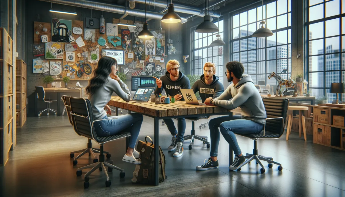 A modern office meeting with four people, urban view, and creative decor. Generated by Dall·e.