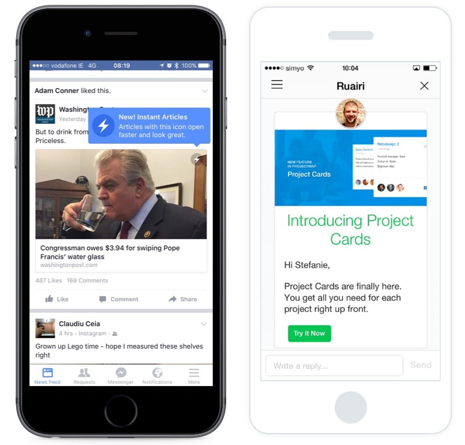 In-app user education from Facebook (left) and Intercom (right)