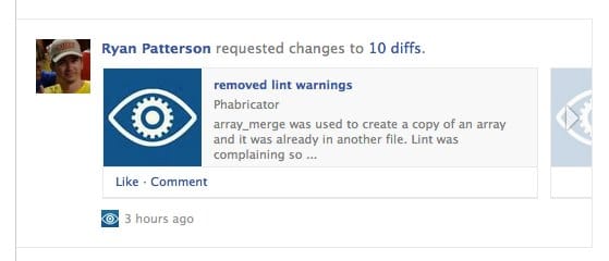 A screenshot of a Facebook post about activity in Phabricator, Facebook's home grown code review tool